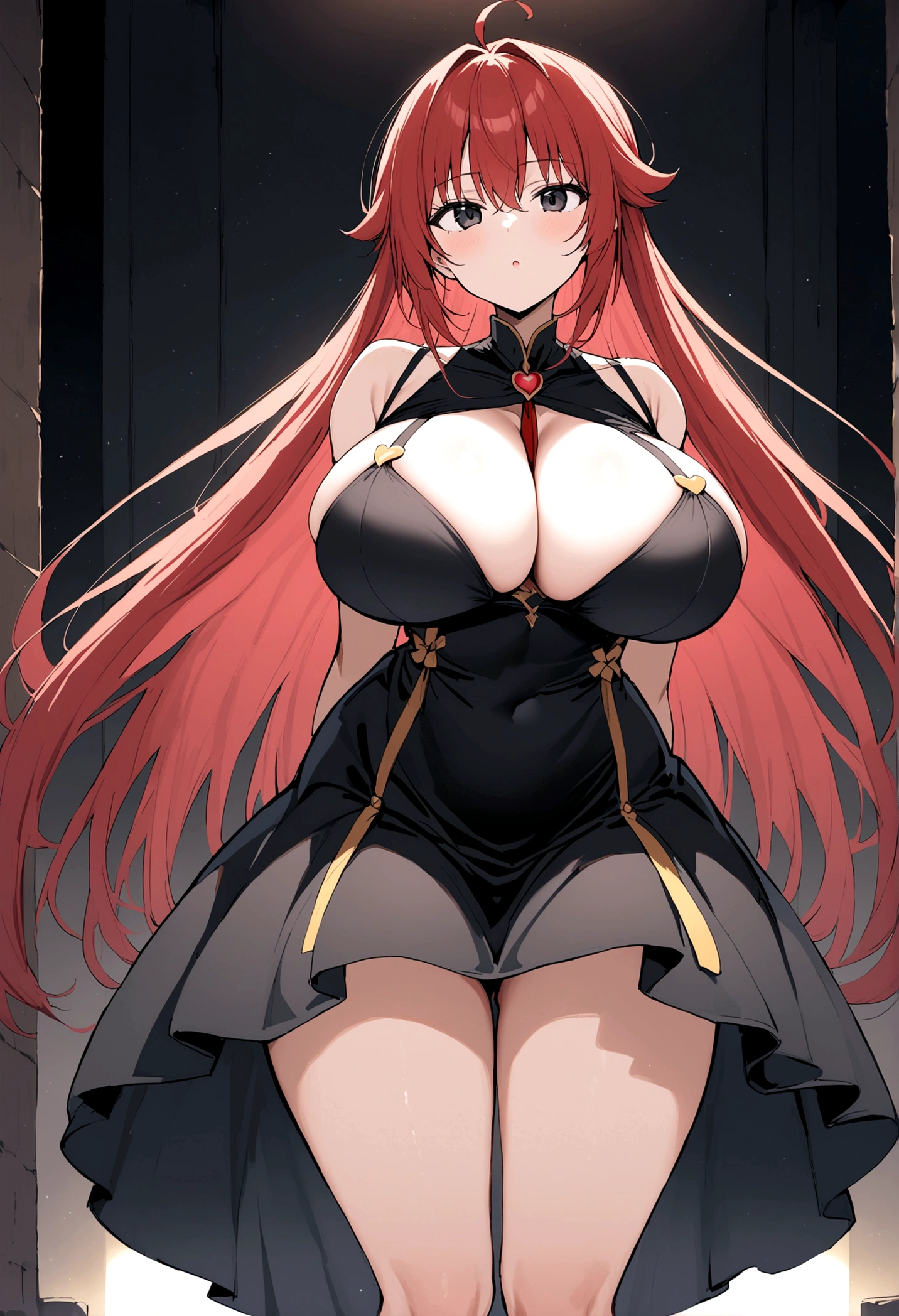 My name is Hikaru, I am a white test woman with long red hair and black eyes. I am 1.60 cm tall and weigh 46 kg. My breast sizes are 300 cm, my waist is 60 cm and my hips are 200 cm. Dressed in a black dress with a sweetheart neckline with straps and that covers only the crotch . With big breasts 300 cm