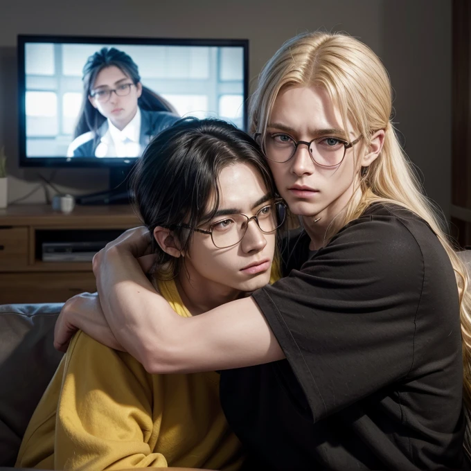 Two men, long yellow hair with ponytail, short Black hair, wearing glasses, watching tv, hugging 