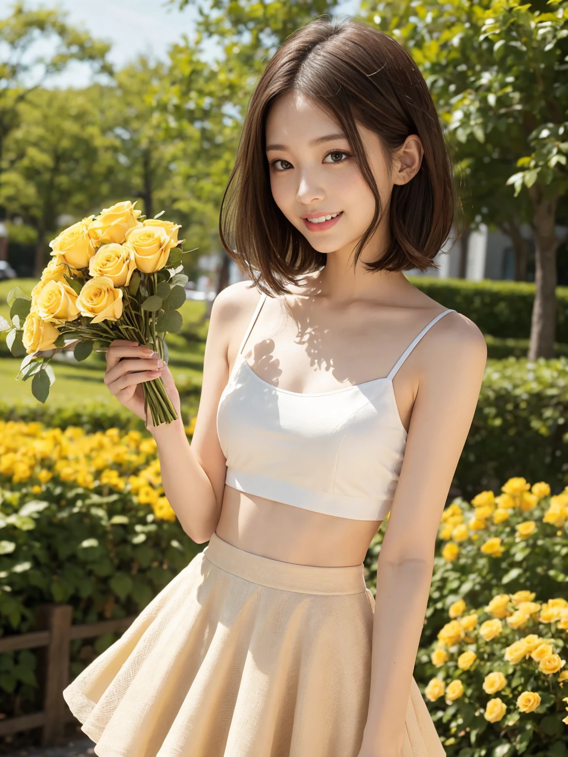 (One woman), short bob, 28 years old, Japanese, brown eyes, brown hair, slim figure, flat chest,
BREAK
Clothing
Cute white camisole, beige skirt
Expression and background
Smiling and handing a bouquet of yellow roses to her father. The background is a bright park.