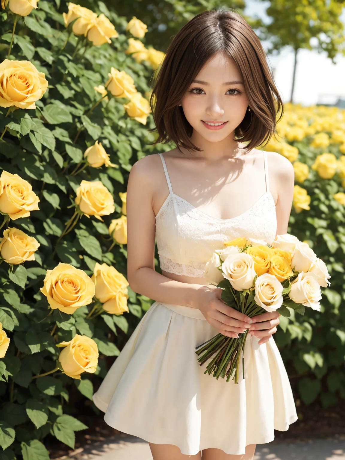 (One woman), short bob, 28 years old, Japanese, brown eyes, brown hair, slim figure, flat chest,
BREAK
Clothing
Cute white camisole, beige skirt
Expression and background
Smiling and handing a bouquet of yellow roses to her father. The background is a bright park.