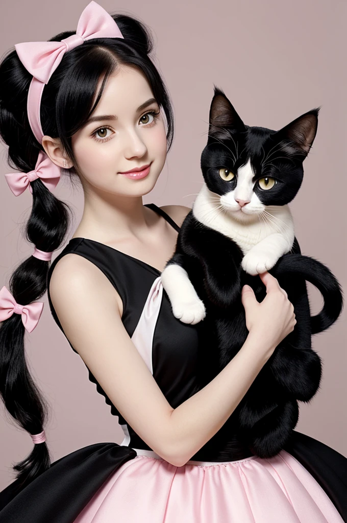 Cute cartoon style pale skin female character,two long pigtails of black hair, black dress,with white gloves,a pink bow on her head and a cute cat next to her shoulder 