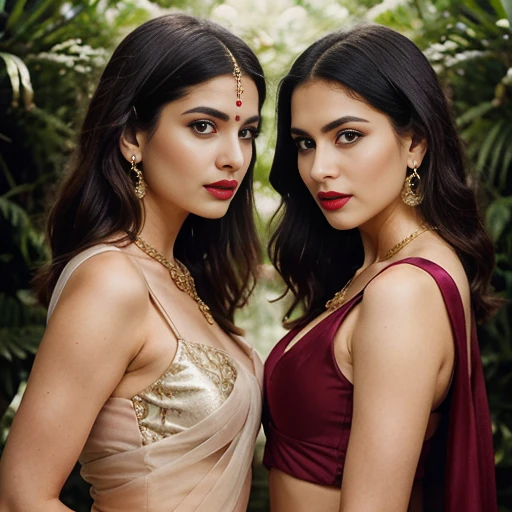 This visually striking image depicts two women in opulent, ornate Indian-inspired attire.big , cute face, The woman on the left wears a shimmering, one lady is slightly chubby with hourglass body 65 kg while other is approx 55 kg, off-white saree with a plunging neckline and intricate gold embroidery, her dark hair styled in soft waves. The woman on the right is clad in a bold, red sequined ensemble, with a sleeveless, midriff-baring top and a flowing, draped skirt.
Both women wear an array of ornate gold jewelry, including necklaces, earrings, and nose rings, which add an air of regal sophistication to their appearance. Their makeup is expertly applied, with bold, defined brows, smoky eyes, and glossy red lips.
The women's poses are confident and alluring, with one leaning towards the other in a gesture of intimacy. The lush, verdant foliage in the background creates a serene, almost tropical setting, further enhancing the visual drama of the scene.
The overall impression conveys a sense of luxury, sensuality, and cultural heritage, with the women's striking appearance and styling evoking a captivating, cinematic narrative. The image is a visually arresting and aesthetically compelling exploration of Indian fashion and feminine empowerment.
