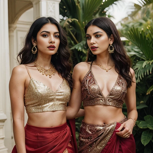 This visually striking image depicts two women in opulent, ornate Indian-inspired attire.big , cute face, (perfect face) The woman on the left wears a shimmering, one lady is slightly chubby with hourglass body with big boobs and weighing around 65 kg while other is approx 55 kg, off-white saree with a plunging neckline and intricate gold embroidery, her dark hair styled in soft waves. The woman on the right is clad in a bold, red sequined ensemble, with a sleeveless, midriff-baring top and a flowing, draped skirt.
Both women wear an array of ornate gold jewelry, including necklaces, earrings, and nose rings, which add an air of regal sophistication to their appearance. Their makeup is expertly applied, with bold, defined brows, smoky eyes, and glossy red lips.
The women's poses are confident and alluring, with one leaning towards the other in a gesture of intimacy. The lush, verdant foliage in the background creates a serene, almost tropical setting, further enhancing the visual drama of the scene.
The overall impression conveys a sense of luxury, sensuality, and cultural heritage, with the women's striking appearance and styling evoking a captivating, cinematic narrative. The image is a visually arresting and aesthetically compelling exploration of Indian fashion and feminine empowerment.