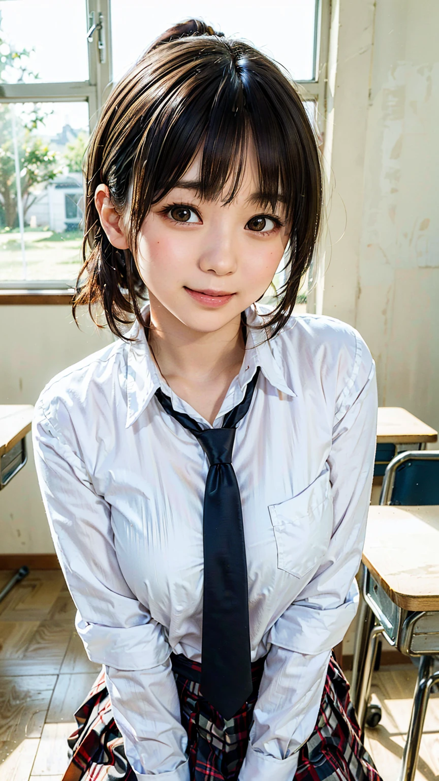 8K quality,(super masterpiece:1.3),Highest quality,Detailed Images,The real picture,Natural lighting,symmetrical beauty,1 female,Japanese,20-year-old,(微smile,smile,smile),Hairstyle(Medium Hair,Curly Hair,ponytail),(very cute:1.3),Thick eyebrows,(Double:1.2),(Realistic eyes:1.1),clothing(White shirt,tie,,uniform,skirt,tights),(The background is school,classroom),(Face directly towards the camera,Looking directly at the viewer,looking at the camera,The body faces the viewer,The body is facing the direction of the camera,Face looking straight into the camera).