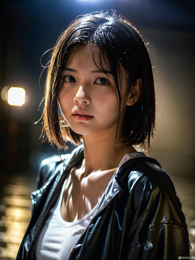 Wet roads ,drenched, Dripping, Wet Face,Wet clothes, Wet Skin, Wet Hair,A young woman with a cute face like an idol,chest,((Daytime)),(Cinema lighting),(Natural light),(High level of artistry),(Artistic),RAW Photos,Genuine,Genuine,High resolution,RAW Photos,masterpiece, beautiful