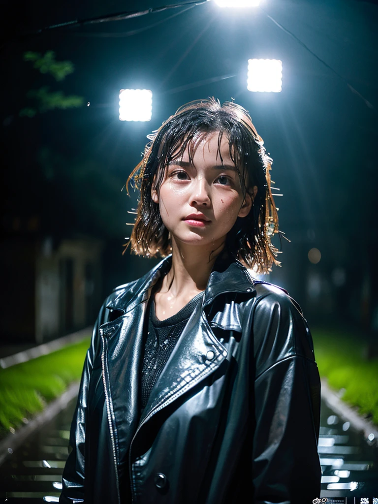 Wet roads ,drenched, Dripping, Wet Face,Wet clothes, Wet Skin, Wet Hair,A young woman with a cute face like an idol,chest,((Daytime)),(Cinema lighting),(Natural light),(High level of artistry),(Artistic),RAW Photos,Genuine,Genuine,High resolution,RAW Photos,masterpiece, beautiful