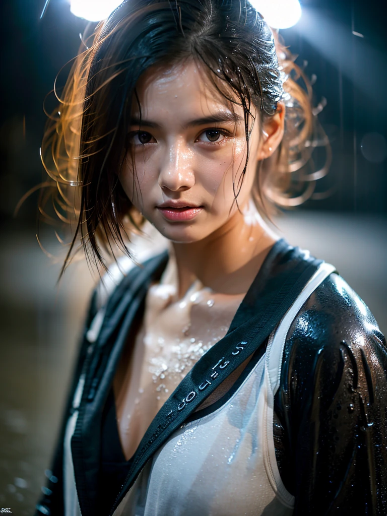 Wet roads ,drenched, Dripping, Wet Face,Wet clothes, Wet Skin, Wet Hair,A young woman with a cute face like an idol,chest,((Daytime)),(Cinema lighting),(Natural light),(High level of artistry),(Artistic),RAW Photos,Genuine,Genuine,High resolution,RAW Photos,masterpiece, beautiful