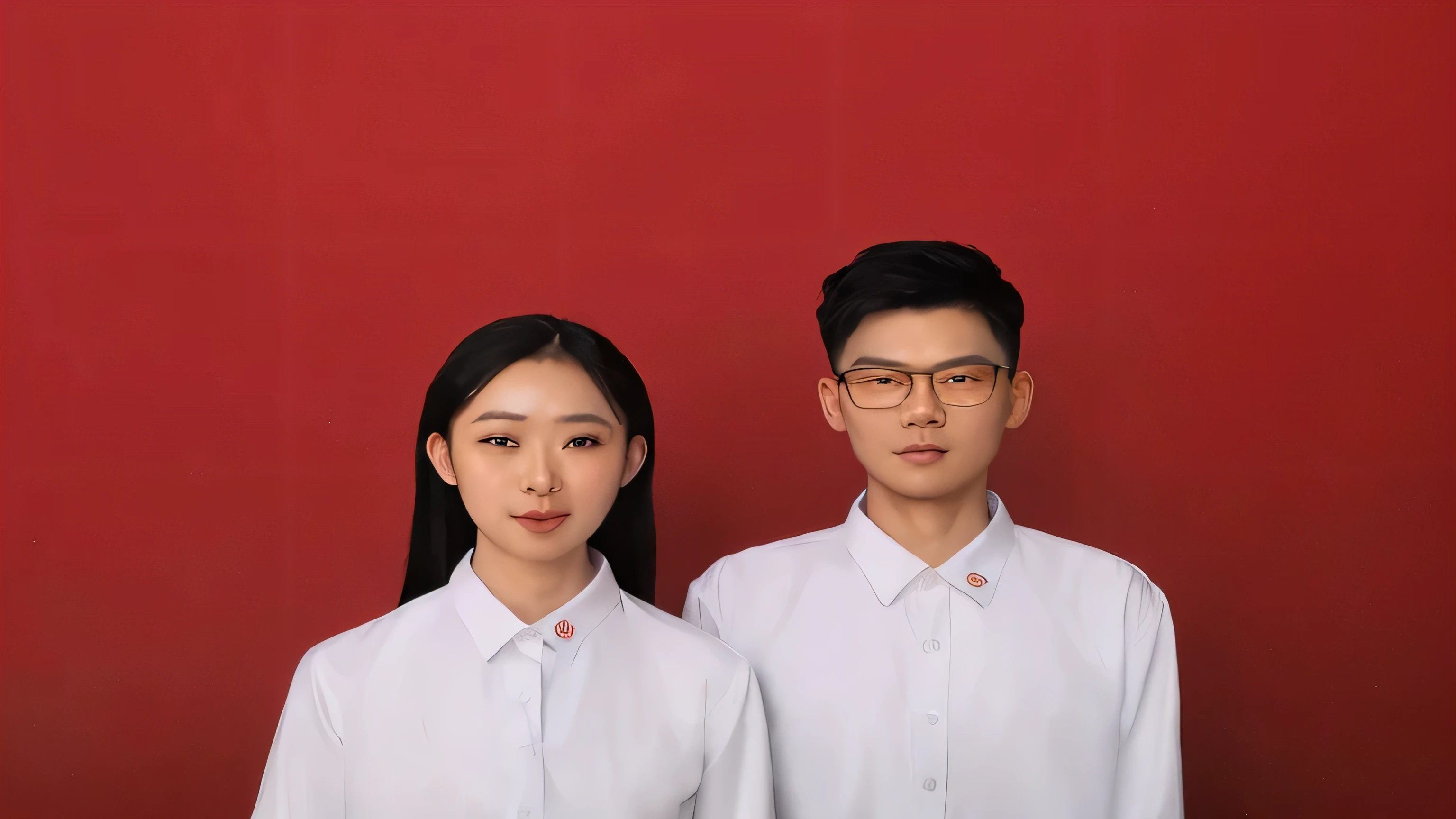 They are standing in front of a red wall wearing white shirts, Ruan Jia and Fenghua Zhong, Nguyen Chia and Blom, portrait of Two people, Company photos, Couple portrait, Couple portrait, yanjun chengt, Full-frame portrait, Close-up studio photos, Product introduction photos, Two people, Natasha Tan Maciej Kuciara