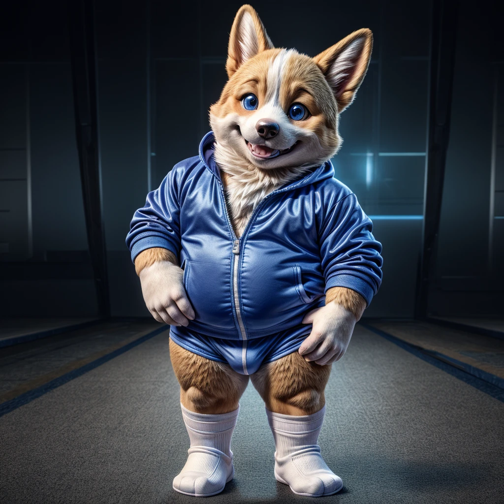 young male corgi with small human blue eyes slighly chubby, no eyebrows, dark blue track suit , no pants white briefs ,white ankle socks , no shirt , highly detailed lineart 4k, best quality, masterpiece, vivid colors, physically-based rendering, white hands five finger, grin 
