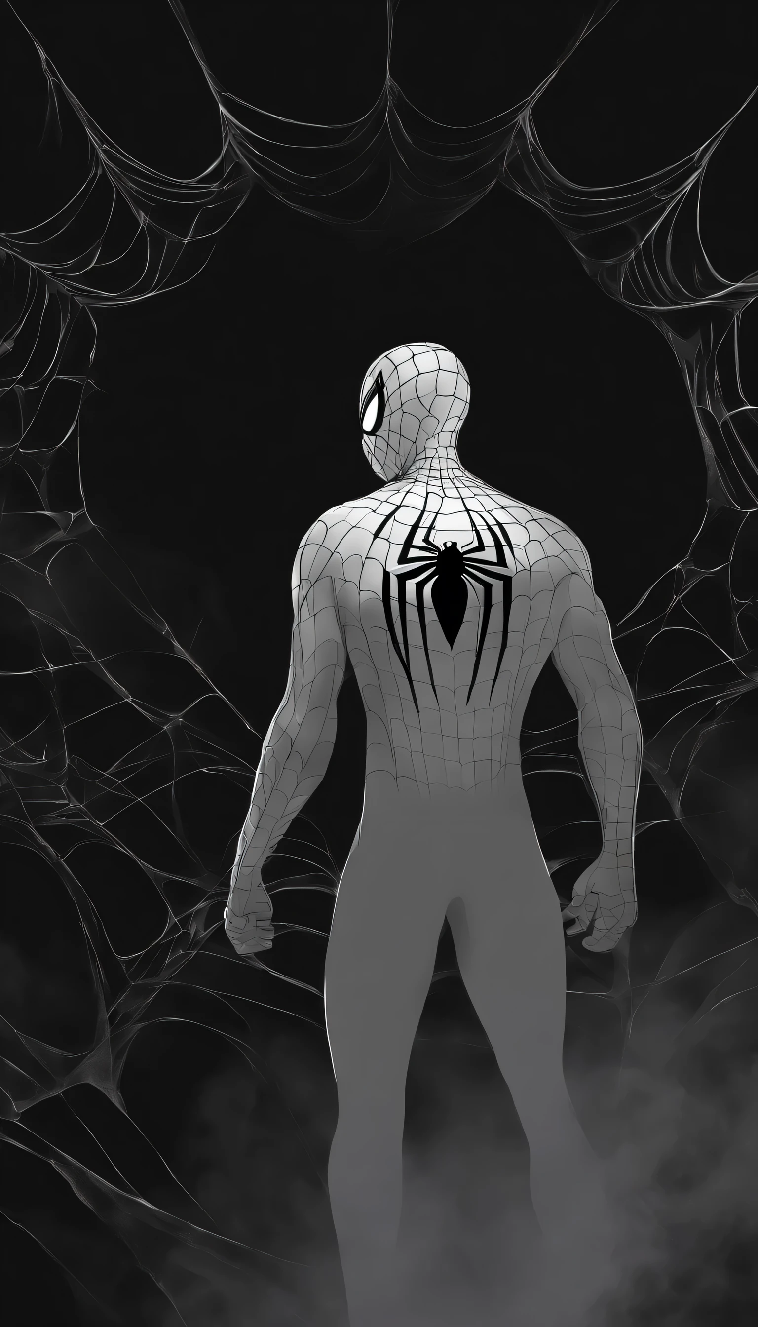 
A stunning minimalist artwork featuring a Spider-Man's silhouette, skillfully created using gray smoke against a pristine Black background. The Spider-Man's form is elegant and graceful, with his mask flowing like wisps of smoke. adding a touch of contrast to the monochromatic scene. The overall effect is a captivating, surreal portrait that evokes a sense of wonder and mystique.