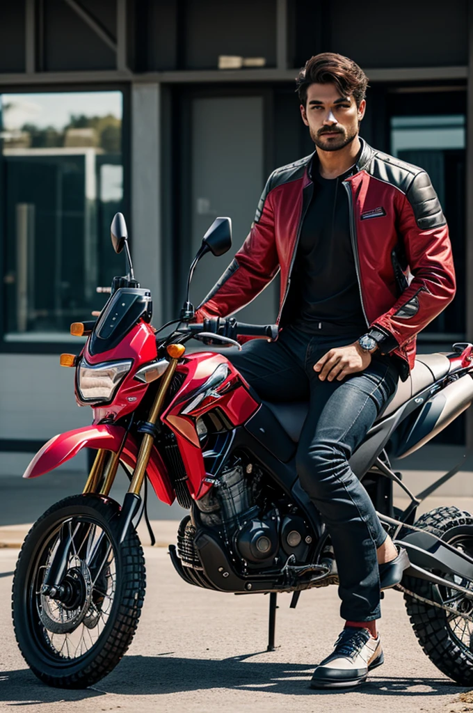Man in expensive clothing, in fashion, sitting on a Honda XR150L motorcycle
