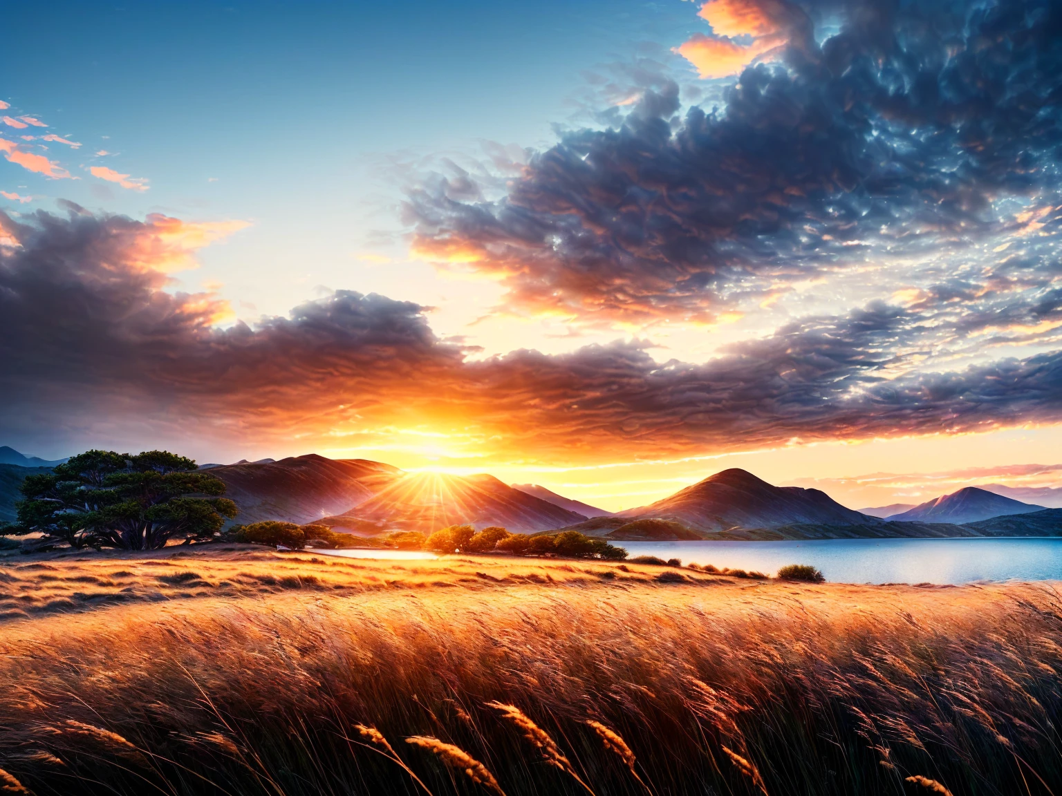(An Image of the best very beautiful and detail landscape natural environment background:1.5), ((at the very bottom the best very beautiful land detail lake background:1.5)), (at the near the image begin the best very beautiful many surrounding natural trees in the landscapes background:1.5), (A far away of the best very beautiful and detail landscape mountains natural environment background:1.5), (16: 9 ratios horizontal), (very beautiful Cloudy sky:1.1), best quality, masterpiece, ultra-high quality, ultra-high resolution, HDR, 8K, cinematic lighting, detail shadows, intricate shadow, Ray tracing, film grain, glare, bokeh, wind, look at viewer, Sharp focus, (hyperdetailed:1.15), (Very windy:1.3), (beautiful shadows:1.1), (visible moving tall grass), (beautiful sunrise)