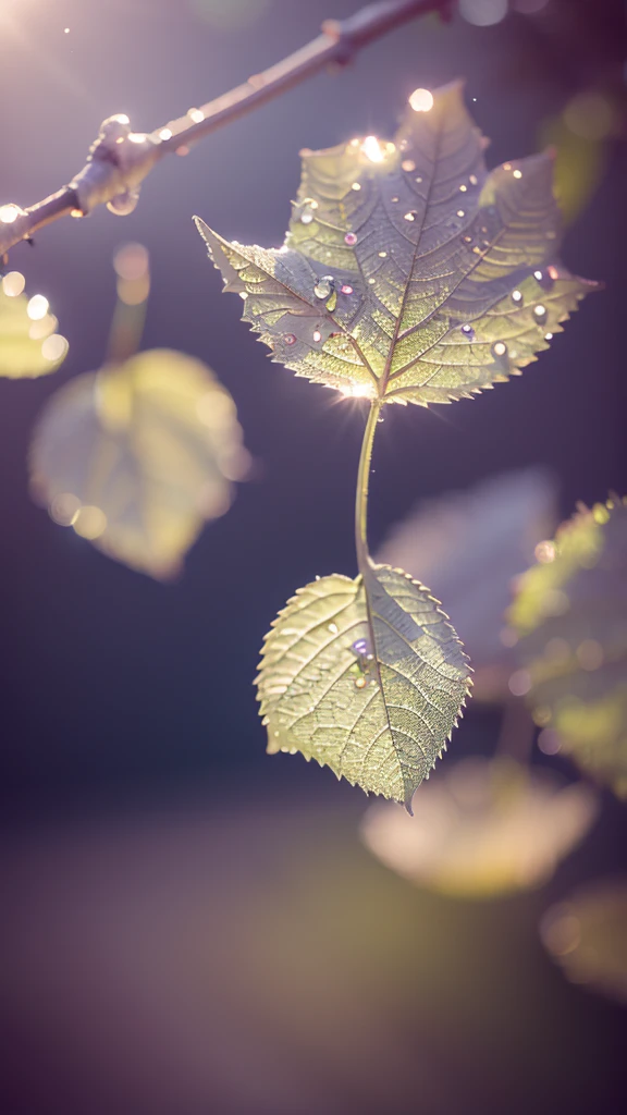 Summer Dream，Translucent leaves，Dreamy lighting，The scattered water drops float in the air and sparkle in the sun，HD，Details，Best quality