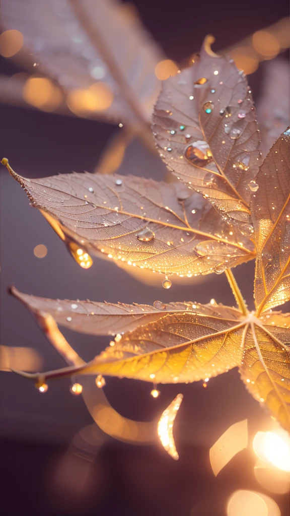 Summer Dream,Translucent leaves,Dreamy lighting,The scattered water drops float in the air and sparkle in the sun,HD,Details,Best quality