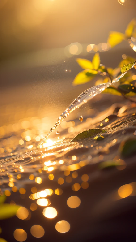 Summer Dream,Translucent leaves,Dreamy lighting,The scattered water drops float in the air and sparkle in the sun,HD,Details,Best quality