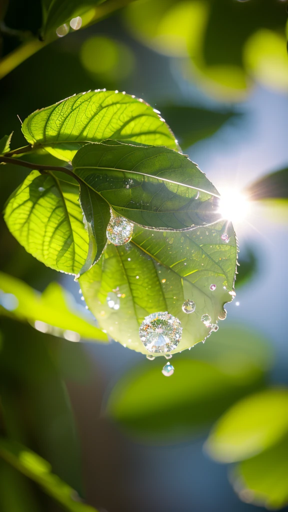 Summer Dream,Translucent leaves,Dreamy lighting,The scattered water drops float in the air and sparkle in the sun,HD,Details,Best quality