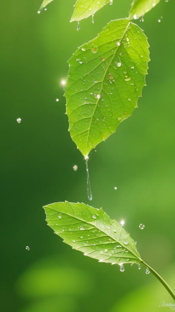 Summer Dream，Translucent leaves，Dreamy lighting，The scattered water drops float in the air and sparkle in the sun，HD，Details，Best quality