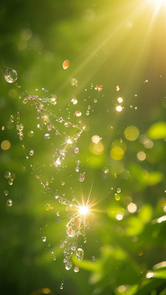 Summer Dream,Translucent leaves,Dreamy lighting,The scattered water drops float in the air and sparkle in the sun,HD,Details,Best quality