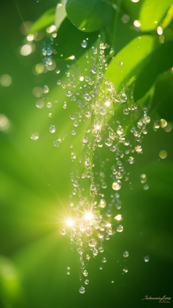 Summer Dream，Translucent leaves，Dreamy lighting，The scattered water drops float in the air and sparkle in the sun，HD，Details，Best quality