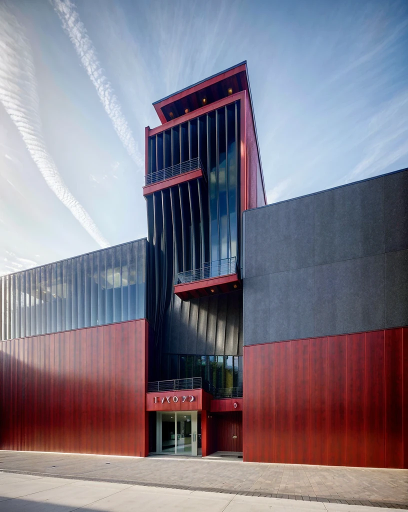 Realistic Photo, red and skied blue mixed, Provide a highly detailed visual description of the exterior facade, focusing on the flowing, curved wave shapes and how they create a dynamic, sculptural look, Describe the overall massing, scale, and grandeur of the building's design, Discuss how the undulating facade interacts with light and shadow to create a sense of movement, Note any distinctive architectural features like the entrance, canopies, etc. that reinforce the wave design motif, Describe the interior spaces and how they relate to the exterior sculptural form, Use vivid descriptive language to convey a sense of awe and appreciation for the innovative, creative design, Analyze how the building defies conventional design norms yet achieves functionality, Contextualize it as an iconic addition to the cityscape and a new landmark, Discuss the broader significance of the design as pushing boundaries in modern architecture