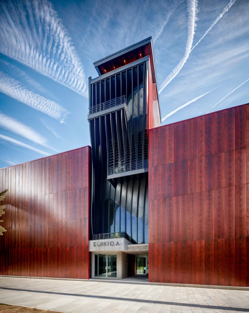 Realistic Photo, red and skied blue mixed, Provide a highly detailed visual description of the exterior facade, focusing on the flowing, curved wave shapes and how they create a dynamic, sculptural look, Describe the overall massing, scale, and grandeur of the building's design, Discuss how the undulating facade interacts with light and shadow to create a sense of movement, Note any distinctive architectural features like the entrance, canopies, etc. that reinforce the wave design motif, Describe the interior spaces and how they relate to the exterior sculptural form, Use vivid descriptive language to convey a sense of awe and appreciation for the innovative, creative design, Analyze how the building defies conventional design norms yet achieves functionality, Contextualize it as an iconic addition to the cityscape and a new landmark, Discuss the broader significance of the design as pushing boundaries in modern architecture