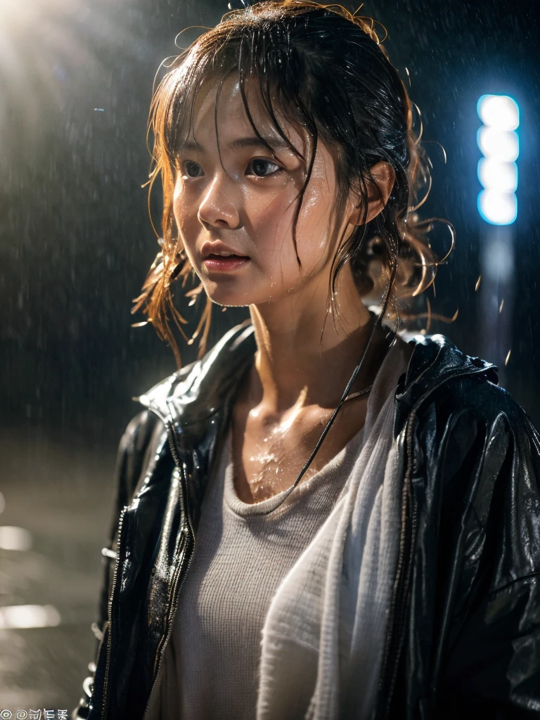 Wet roads ,drenched, Dripping, Wet Face,Wet clothes, Wet Skin, Wet Hair,A young woman with a cute face like an idol,chest,((Daytime)),(Cinema lighting),(Natural light),(High level of artistry),(Artistic),RAW Photos,Genuine,Genuine,High resolution,RAW Photos,masterpiece, beautiful