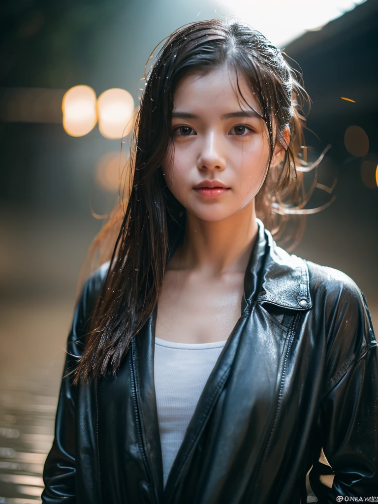 Wet roads ,drenched, Dripping, Wet Face,Wet clothes, Wet Skin, Wet Hair,A young woman with a cute face like an idol,chest,((Daytime)),(Cinema lighting),(Natural light),(High level of artistry),(Artistic),RAW Photos,Genuine,Genuine,High resolution,RAW Photos,masterpiece, beautiful