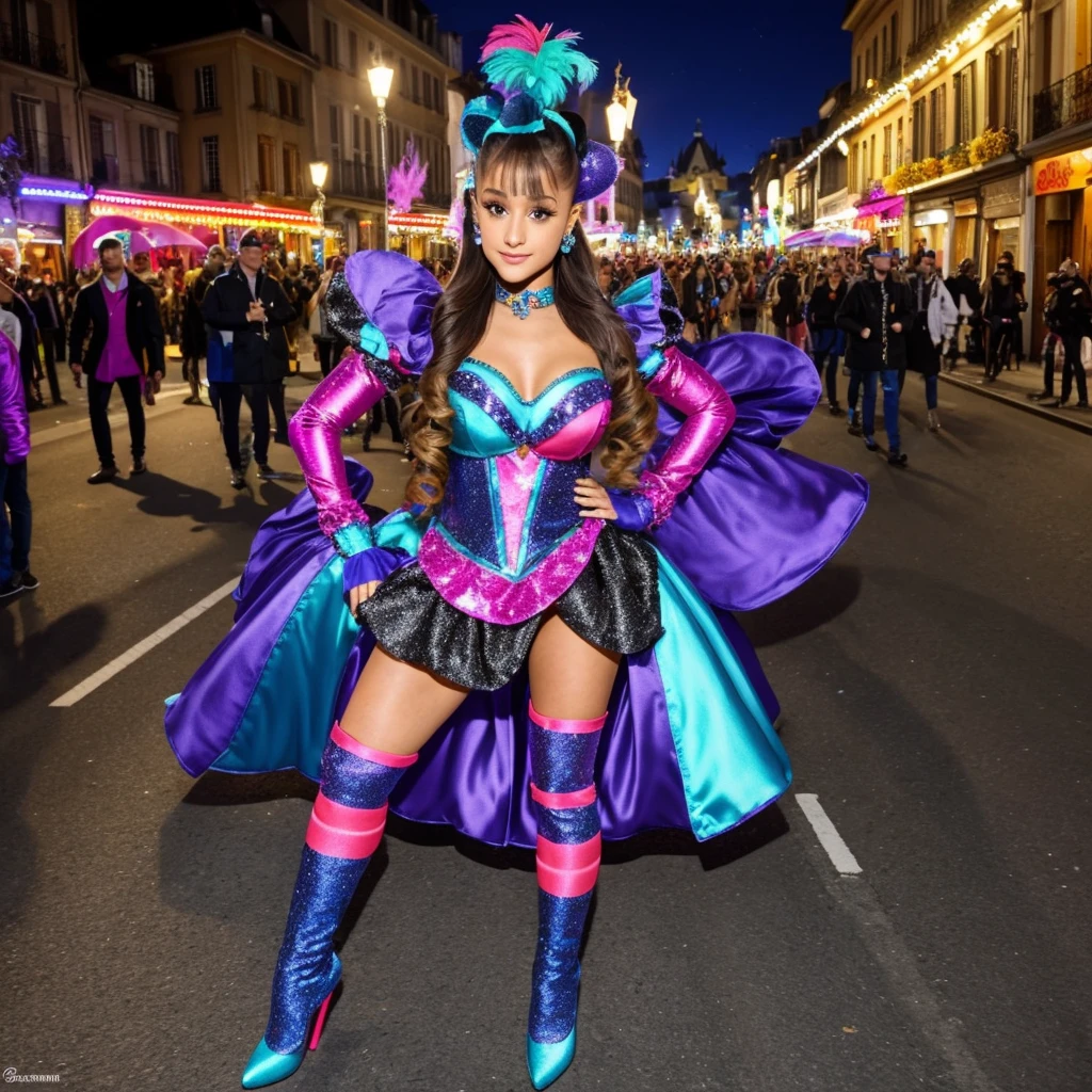 ariana grande, bijoux fantaisie, au carnaval dans la ville la nuit, forte ambiance de carnaval nocturne, forte ambiance de carnaval, tir de cow-boy, mi-plan, image centrée, oeil sur la caméra, costume de coureur de première ligne, Tenue de cirque, tenue de carnaval, couleur de carnaval, des choix de mode inhabituels