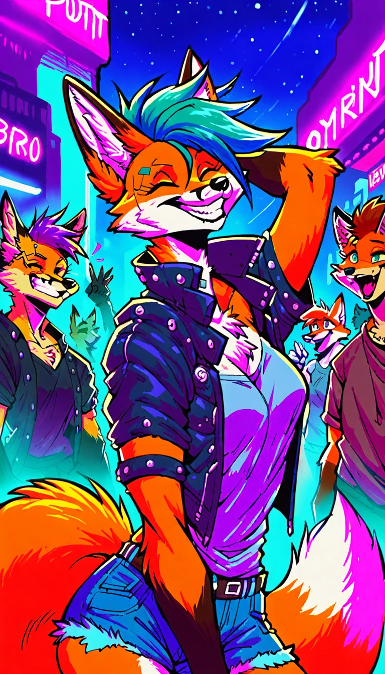 score_9, score_8_up, score_7_up, cyberpunk city, downtown ally, midnight, crowd on background, starry night, happy, joyful, ,
((fox:1.2), anthro, female, colorfull fur, short punk haircut, beautiful, wearing a cyberpunk-style augmentations, joyful, grin)