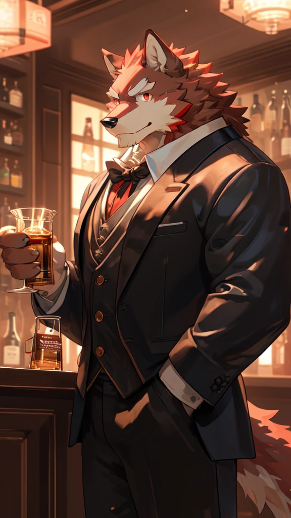 Best quality, diederich olsen (/knights college/), wolf, kemono, nj5furry, Red Fur, Red eyes, Medium Muscular Body, Solo, A charming bartender, elegant Pose, suit, Fierce eyes, Smille, a dimly lit bar, (expertly crafting aged whisky in Collins glass:1.5), behind the counter, full body