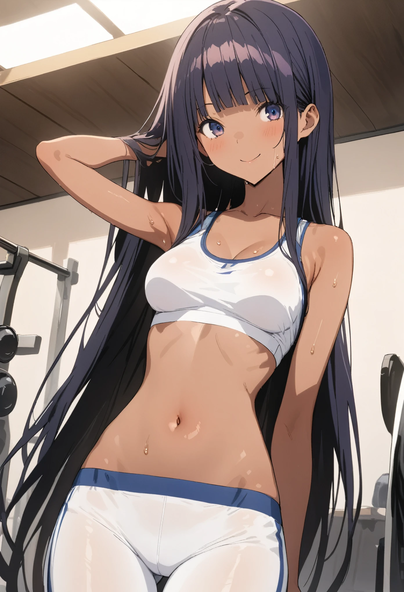 (((masterpiece, Highest quality:1.5,absurdres))),25 year old beauty,(dark blue hair),((very small head:1.3)),long hair,bangs,dark blue eyes,gorgeous eyes,smile,medium breasts,((very long body:1.3)),((toned body,slender body)),skinny,(((tan skin:1.3))),gleaming skin,shiny skin,sweat,White sports bra、navel、White sports shorts、During training、sports gym、