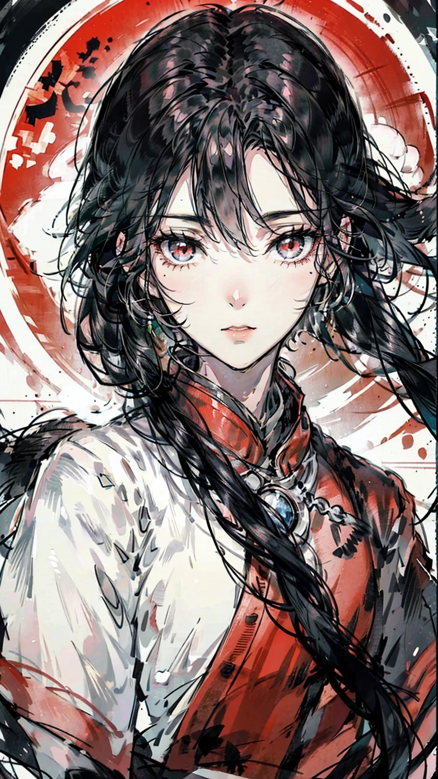 Mature girl, black hair, floating hair, delicate eyes, red pupils, black and red antique damask hanfu, FOV, f1.8, masterpiece, complex scene, gorgeous portrait shot