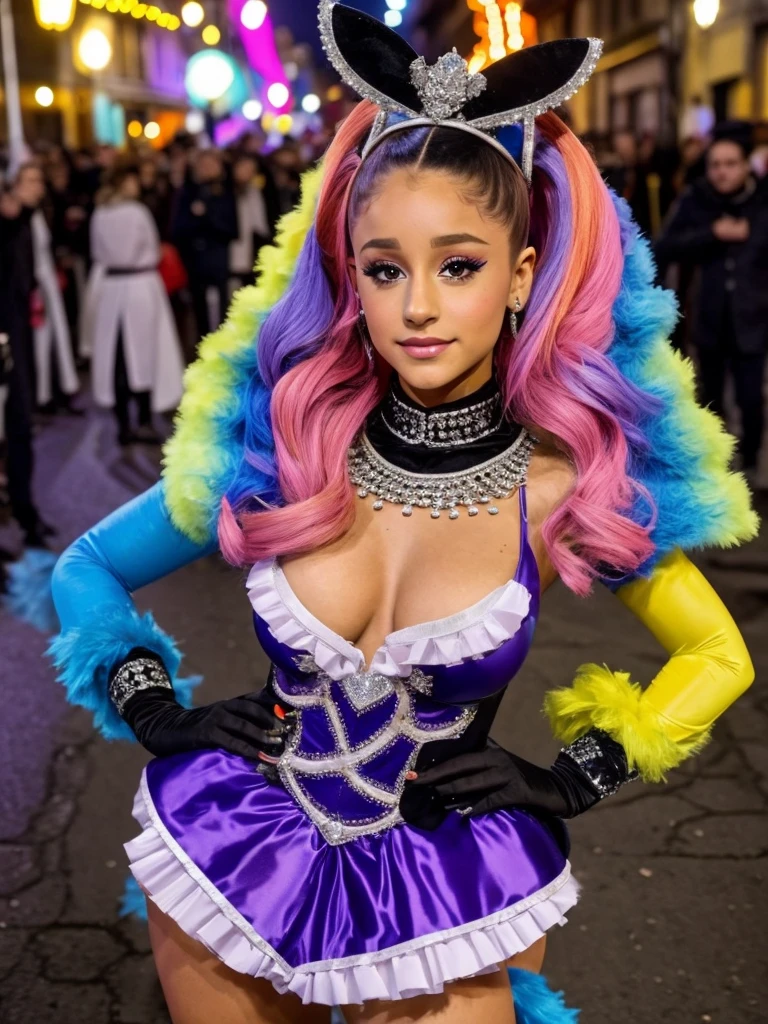 ariana grande, bijoux fantaisie, au carnaval dans la ville la nuit, forte ambiance de carnaval nocturne, forte ambiance de carnaval, tir de cow-boy, mi-plan, image centrée, oeil sur la caméra, costume de coureur de première ligne, Tenue de cirque, tenue de carnaval, couleur de carnaval, des choix de mode inhabituels
