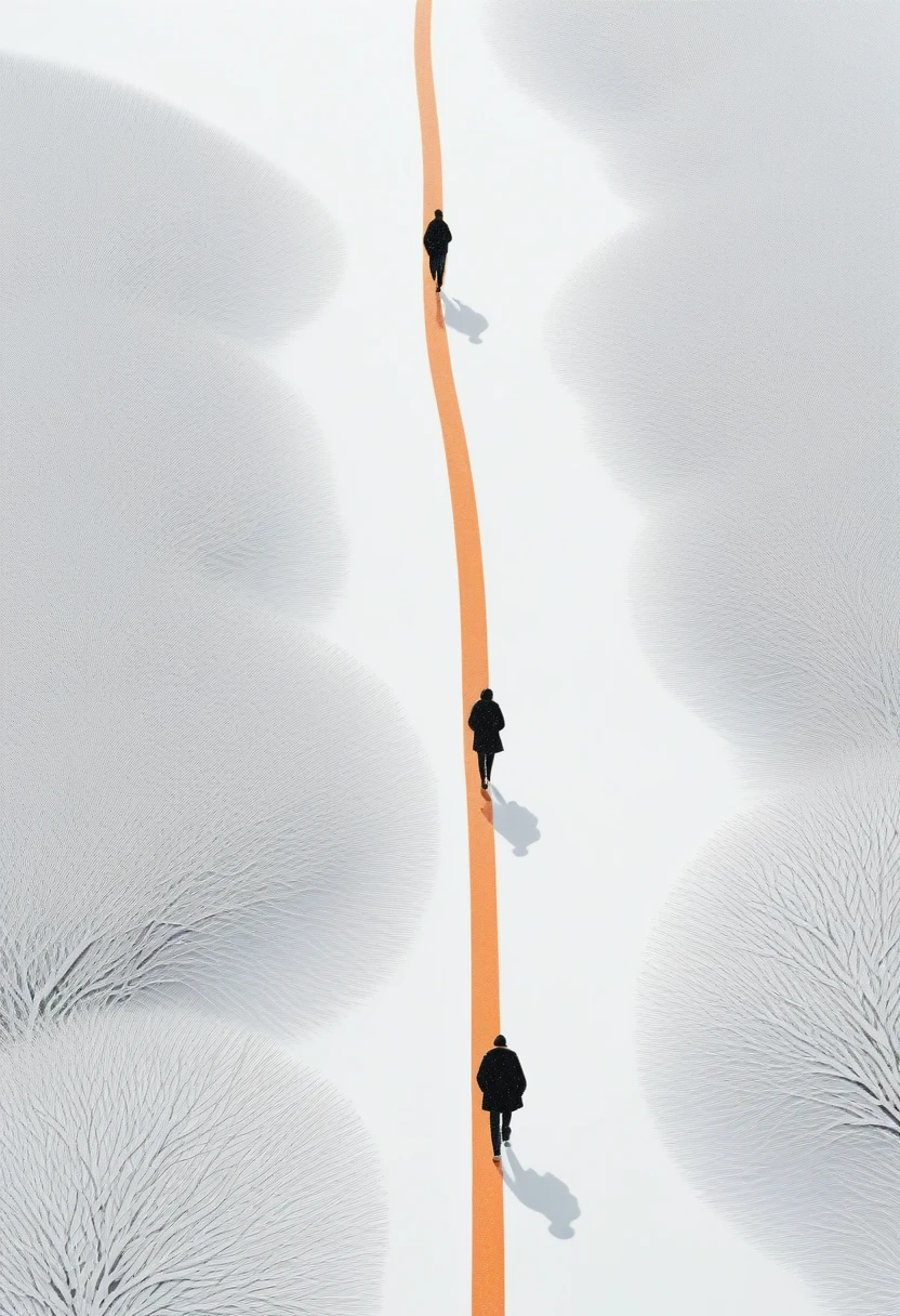 Two people walking along a white path in the snow, Blizzard, cedar, rhyme, In the style of Ryo Takemasa and Alessandro Gottardo, Orange and black, Aerial View, Imaginary Landscape, sparse