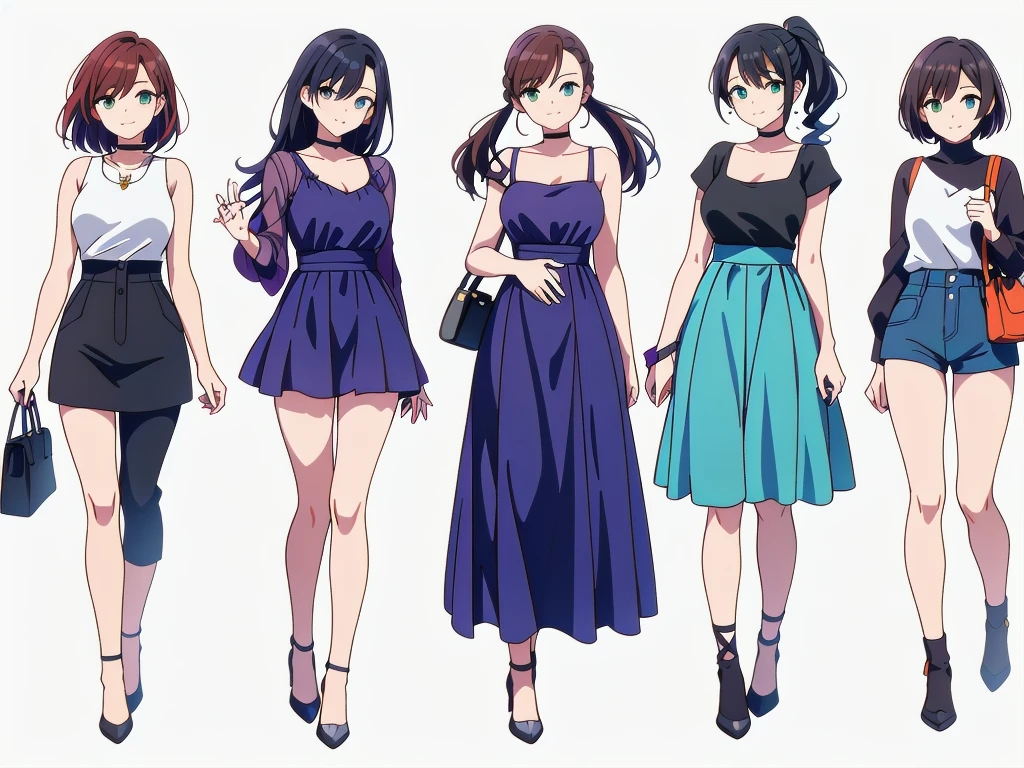 (((Best Quality))) , ((full body)), 4 lady, adult woman, multiple views, white background, variety of hairstyles, variety of fashion styles, seductive pose, fashionable and trendy atmosphere, holding bag, spring outfits, walk pose, dark blue/dark orange/dark green/dark violet/brown/white, short shorts,