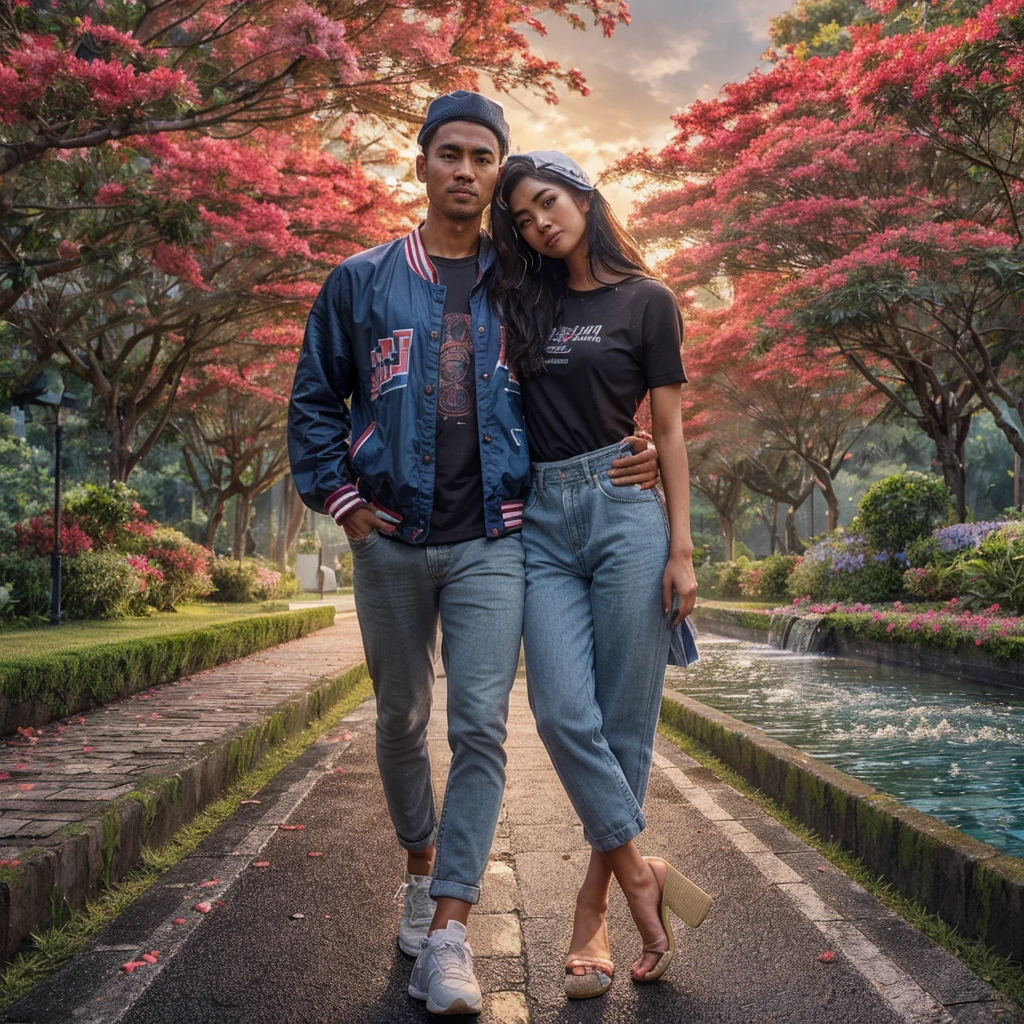 Create a highly detailed photorealistic image of a beautiful Indonesian woman holding a towel around her body with her arms crossed in front of her. He was wearing a shower cap and had a shocked and embarrassed expression on his face. In the background, there is an open door where a handsome Indonesian man is standing with a surprised expression, hdr+