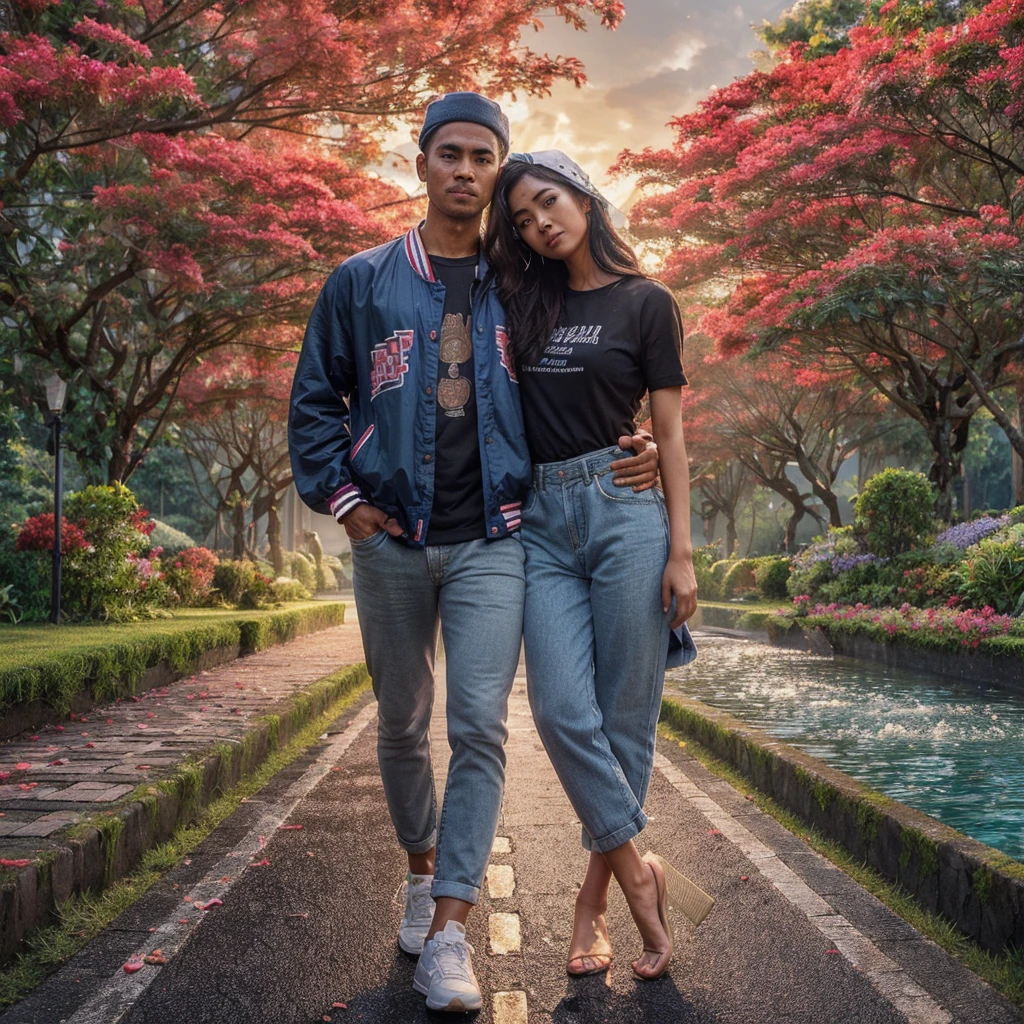 Create a highly detailed photorealistic image of a beautiful Indonesian woman holding a towel around her body with her arms crossed in front of her.   He was wearing a shower cap and had a shocked and embarrassed expression on his face.   In the background, there is an open door where a handsome Indonesian man is standing with a surprised expression, hdr+