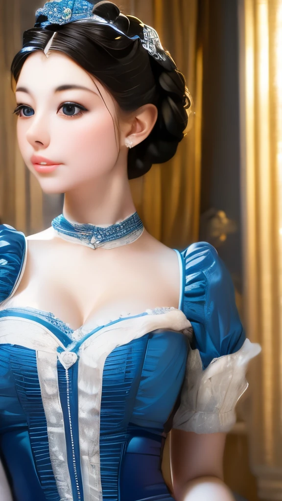 a close up of a woman in a blue dress with a white dress, elegant lady with alabaster skin, inspired by Franz Xaver Winterhalter, curvaceous. detailed expression, biedermeier, john currin, artdoll, 1 7 th century duchess, inspired by Thomas Lawrence, inspired by François Clouet, curvaceous. detailed