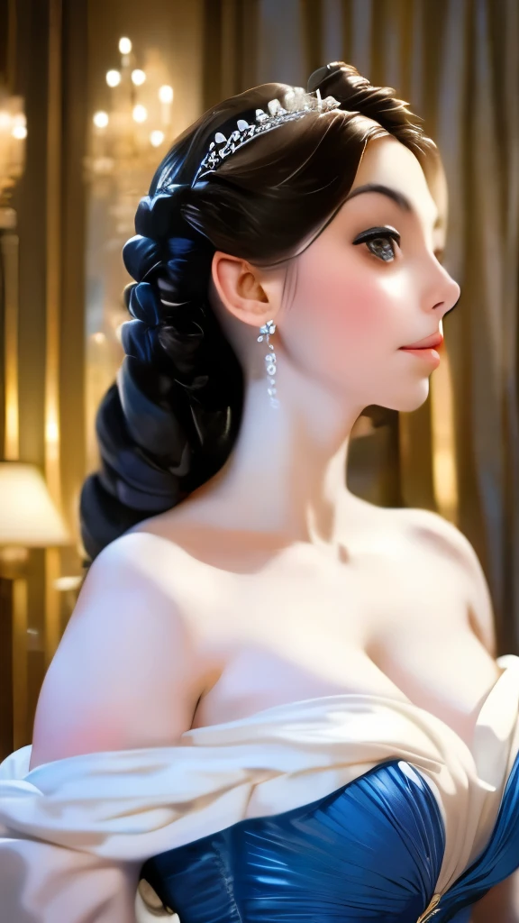 a close up of a woman in a blue dress with a white dress, elegant lady with alabaster skin, inspired by Franz Xaver Winterhalter, curvaceous. detailed expression, biedermeier, john currin, artdoll, 1 7 th century duchess, inspired by Thomas Lawrence, inspired by François Clouet, curvaceous. detailed