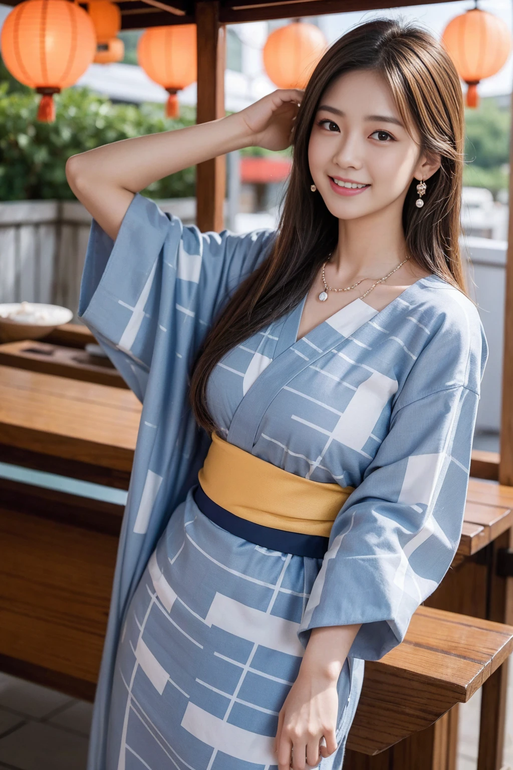 Highest quality,8K, Detailed facial depiction, Detailed description of the eyes,One Woman, Light brown hair(Medium-long hair),Beautiful Japanese Girl,24-years-old,Cute eyes,Cute Smile,Yukata beauty,Navy blue checkered yukata,Slender body, Large, plump breast size, Long and beautiful legs,Smiling, Colorful earrings,necklace,Are standing,Beautiful nape,Japanese Summer Festivals,There are food stalls,Cute pose