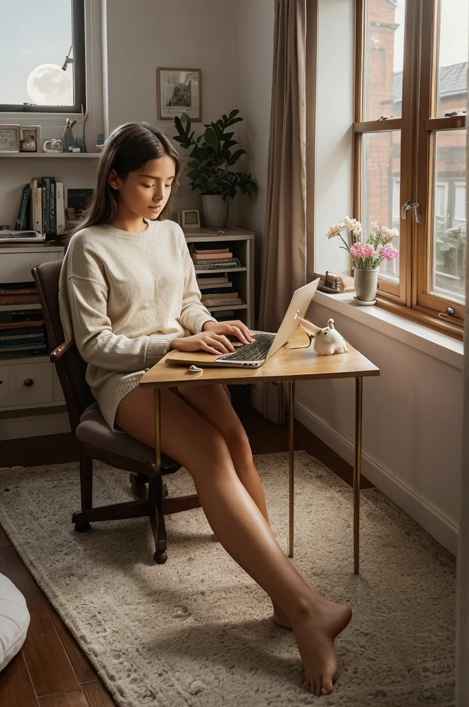 A girl sitting in a cosy room coding on her laptop with the moon peeping through the window in the sky, her room is full of books and dainty peices of art , flowers. She works on her laptop while her pet cute tiny rabbit watches her, girl must be cute and slim
