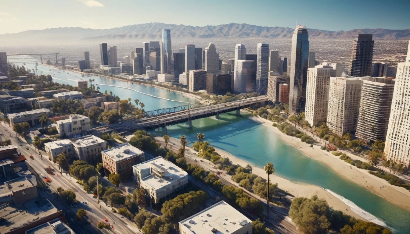 high angle view from above Los Angeles, California in 3060. The dysoptian city is divided by a river into two parts, futuristic cyberpunk styled megacity bridges connect the two parts, different styled buildings along the riverside. The crashing blue waters create white-tipped waves while the sun illuminates the shore.  The futuristic city with many different colored materialed and shaped complex constructioned houses and skyscrapers in the background, bustling city with highly intricate details and photorealistic materials. Consistent structure of the buildings, static environment, volumetric lighting, best shadows. Photorealistic Reflections on the water, realistic splashing waves, real water surface. This is a view that captures the raw beauty of the coast and the rugged landscape.Photorealistic Reflections.Natural lights, neutral colors, lomochrome,dramatic, dynamic composition. Consistent structure of the buildings, static environment,consistent movement of the camera.Contrast lighting, volumetric lighting, best shadows,sharp focus, depth pf field, Screengrab a 1950s Super Panavision 70 film, in color. Best shadows, best quality. Lifelike textures, sharp focus, depth of field, realism, photorealism, vintage color tones, cinematic lighting, contrast lighting, soft front light, insanely intricate details, hdr, uhd, 8k, 35 mm film, analog camera shot. Realism, Cinematic, Photoreal,Panavision 70s movie styled in color, celluloid, uhd, hdr, 4k, 35mm film