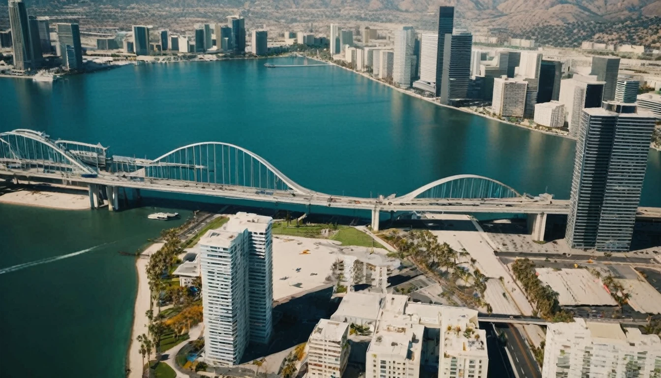 high angle view from above Los Angeles, California in 3060. The dysoptian city is divided by a river into two parts, futuristic cyberpunk styled megacity bridges connect the two parts, different styled buildings along the riverside. The crashing blue waters create white-tipped waves while the sun illuminates the shore.  The futuristic city with many different colored materialed and shaped complex constructioned houses and skyscrapers in the background, bustling city with highly intricate details and photorealistic materials. Consistent structure of the buildings, static environment, volumetric lighting, best shadows. Photorealistic Reflections on the water, realistic splashing waves, real water surface. This is a view that captures the raw beauty of the coast and the rugged landscape.Photorealistic Reflections.Natural lights, neutral colors, lomochrome,dramatic, dynamic composition. Consistent structure of the buildings, static environment,consistent movement of the camera.Contrast lighting, volumetric lighting, best shadows,sharp focus, depth pf field, Screengrab a 1950s Super Panavision 70 film, in color. Best shadows, best quality. Lifelike textures, sharp focus, depth of field, realism, photorealism, vintage color tones, cinematic lighting, contrast lighting, soft front light, insanely intricate details, hdr, uhd, 8k, 35 mm film, analog camera shot. Realism, Cinematic, Photoreal,Panavision 70s movie styled in color, celluloid, uhd, hdr, 4k, 35mm film