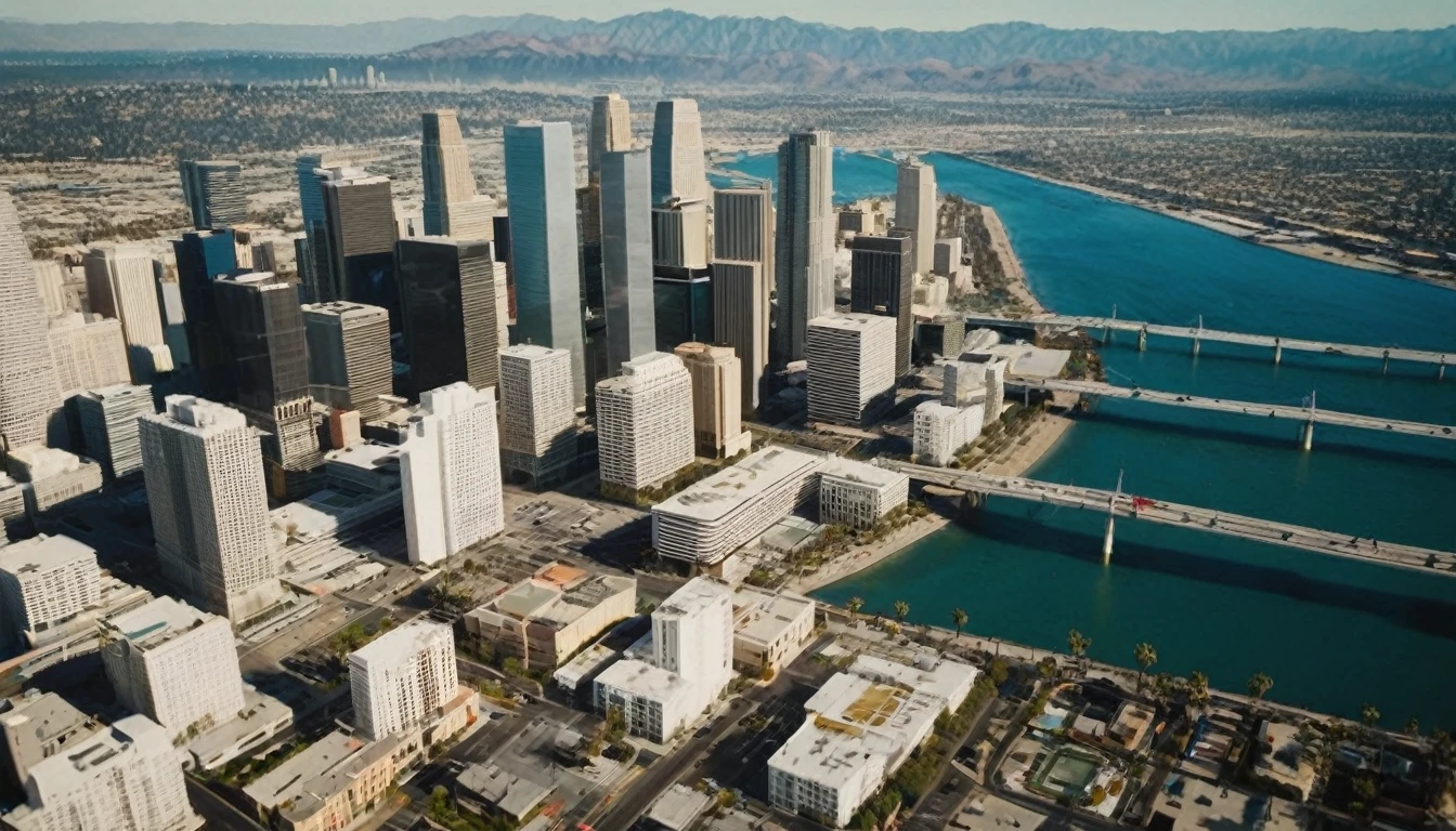 high angle view from above Los Angeles, California in 3060. The dysoptian city is divided by a river into two parts, futuristic cyberpunk styled megacity bridges connect the two parts, different styled buildings along the riverside. The crashing blue waters create white-tipped waves while the sun illuminates the shore.  The futuristic city with many different colored materialed and shaped complex constructioned houses and skyscrapers in the background, bustling city with highly intricate details and photorealistic materials. Consistent structure of the buildings, static environment, volumetric lighting, best shadows. Photorealistic Reflections on the water, realistic splashing waves, real water surface. This is a view that captures the raw beauty of the coast and the rugged landscape.Photorealistic Reflections.Natural lights, neutral colors, lomochrome,dramatic, dynamic composition. Consistent structure of the buildings, static environment,consistent movement of the camera.Contrast lighting, volumetric lighting, best shadows,sharp focus, depth pf field, Screengrab a 1950s Super Panavision 70 film, in color. Best shadows, best quality. Lifelike textures, sharp focus, depth of field, realism, photorealism, vintage color tones, cinematic lighting, contrast lighting, soft front light, insanely intricate details, hdr, uhd, 8k, 35 mm film, analog camera shot. Realism, Cinematic, Photoreal,Panavision 70s movie styled in color, celluloid, uhd, hdr, 4k, 35mm film