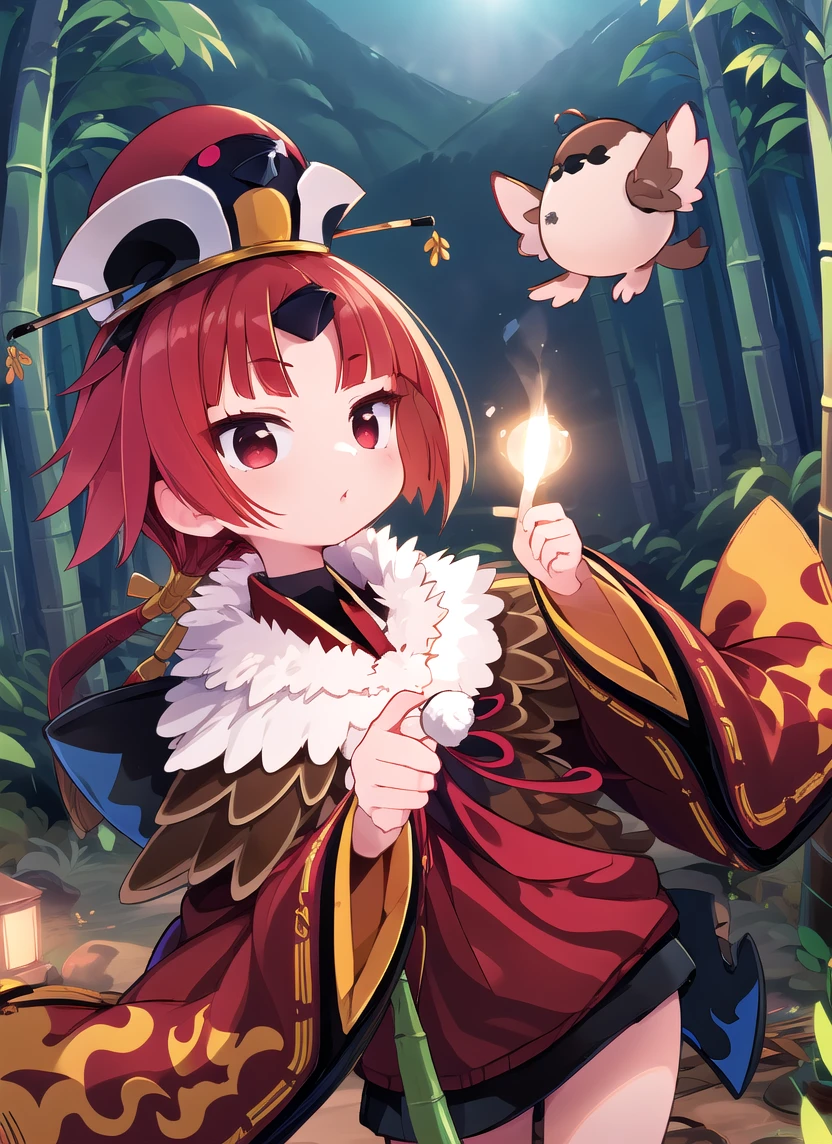 top quality,very detailed,perfect lighting,masterpiece,1 detailed hand 1:2,people girl,red hair,short hair,red hair,wide sleeves,long sleeves,kimono,hat,wrist sleeves,bamboo forest,hut,cool at night,sparrow,pose,cool expression