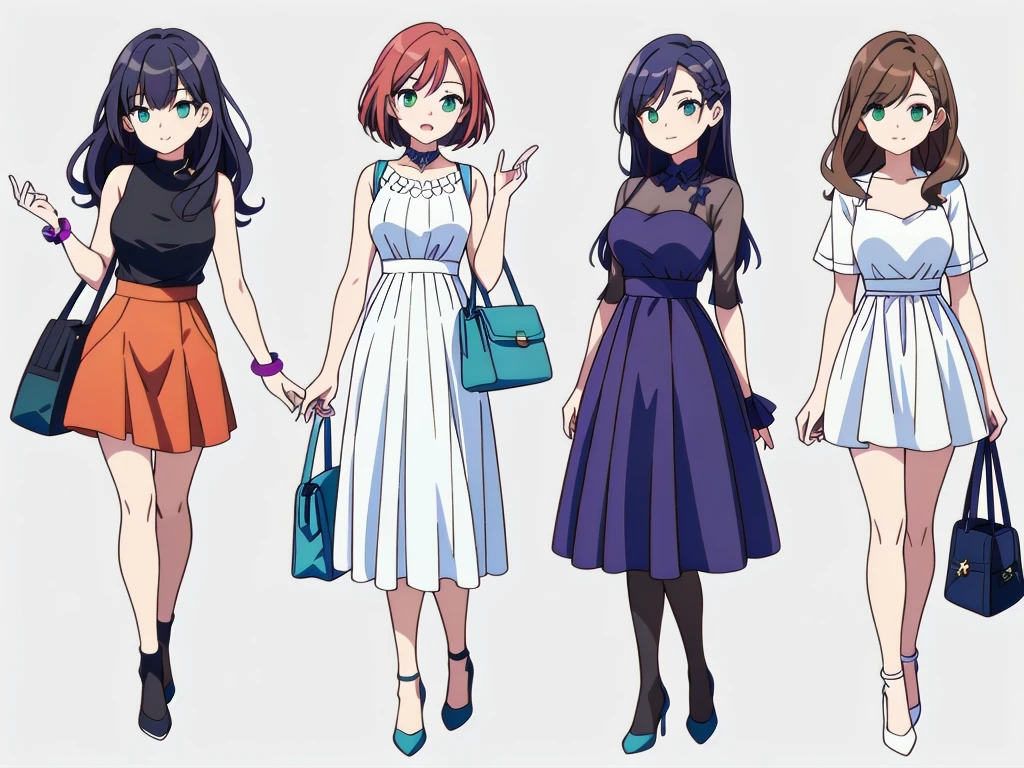 (((Best Quality))) , ((full body)), 4 lady, adult woman, multiple views, white background, variety of hairstyles, variety of fashion styles, seductive pose, fashionable and trendy atmosphere, holding bag, spring outfits, walk pose, dark blue/dark orange/dark green/dark violet/brown/white, short shorts,