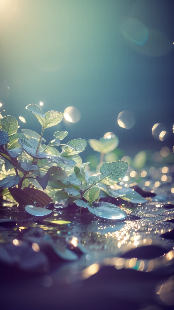 Summer Dream，Translucent leaves，Dreamy lighting，The scattered water drops float in the air and sparkle in the sun，HD，Details，Best quality