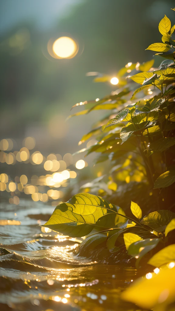 Summer Dream,Translucent leaves,Dreamy lighting,The scattered water drops float in the air and sparkle in the sun,HD,Details,Best quality