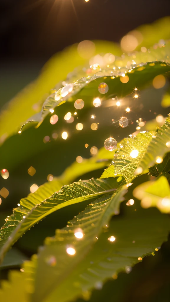 Summer Dream，Translucent leaves，Dreamy lighting，The scattered water drops float in the air and sparkle in the sun，HD，Details，Best quality