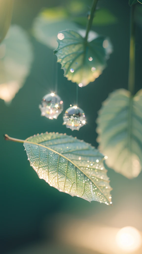 Summer Dream，Translucent leaves，Dreamy lighting，The scattered water drops float in the air and sparkle in the sun，HD，Details，Best quality